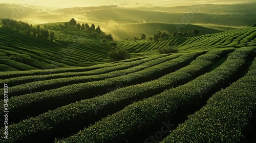 64.A tranquil green tea plantation at sunrise, with the rows of tea bushes arranged perfectly across the landscape. The warm glow of the early morning sun shines over the plantation, highlighting the