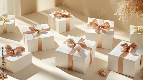White Gift Boxes with Gold Bows Row of Presents 
Row of White Boxes with Gold Bows, Clean Background


