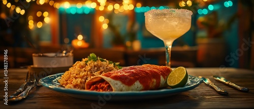 Enchilada dinner with rice & margarita