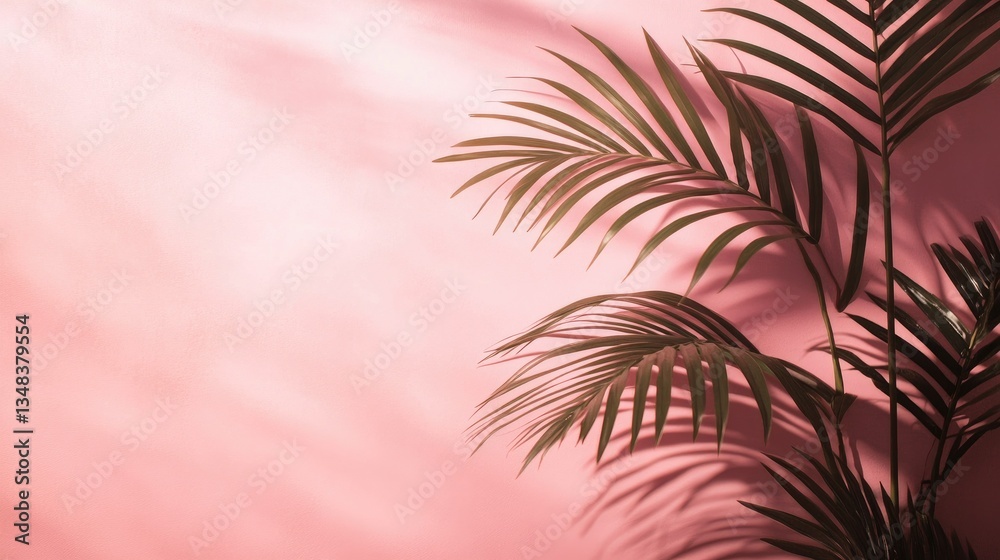 Palm leaf silhouettes forming blurred shadows on a smooth pink wall, creating a soft, warm atmosphere perfect for promoting beauty, fashion, or lifestyle products Palm leaf silhouettes forming blurred shadows on a smooth pink wall, creating a soft, warm atmosphere perfect for promoting beauty, fashion, or lifestyle products