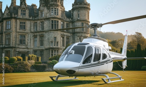 A luxurious sparkling private helicopter against the backdrop of a massive ancient castle, an epic photograph of VIP air transportation and a landscape with an estate, AI-generated