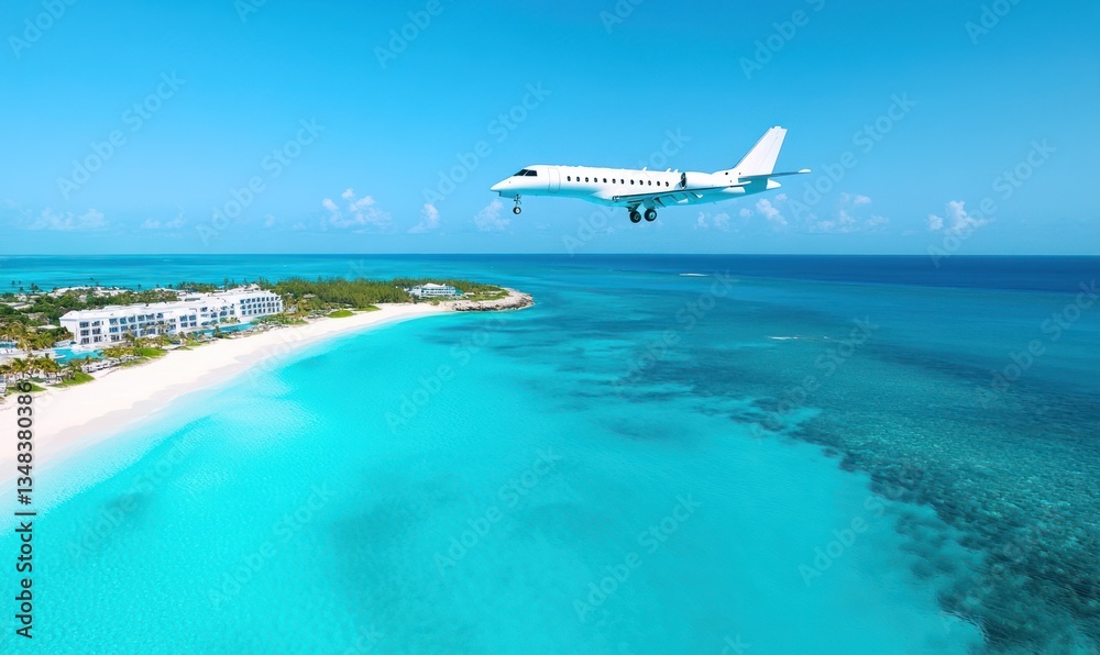 Fototapeta premium A private plane, jet, or charter flying over the coastal shoreline, top-down view of the panoramic landscape of a tropical resort city, an epic photo of air transport and the ocean, AI generated