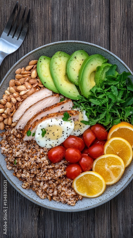A Colorful and Nutritious Bowl Filled with Quinoa, Chicken Breast, Hard-Boiled Eggs, Avocado, Cherry Tomatoes, Arugula, Peanuts, and Oranges