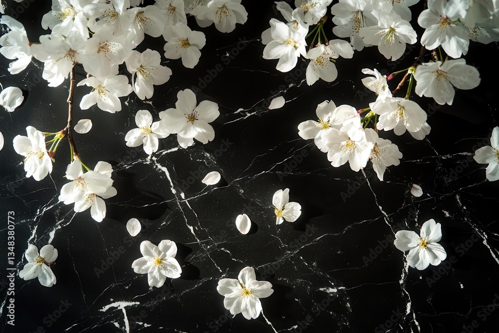cascading white cherry blossoms against black marble petals scattered elegantly in circular arrangement soft natural lighting creating delicate shadows