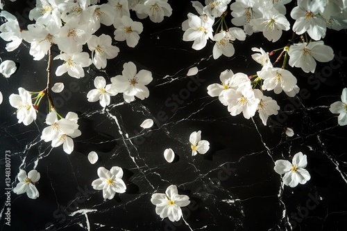 Obraz na płótnie cascading white cherry blossoms against black marble petals scattered elegantly in circular arrangement soft natural lighting creating delicate shadows w salonie