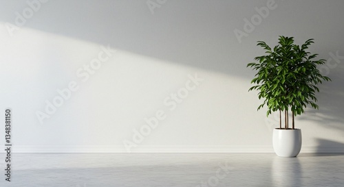 Minimalist Interior Design Sunlight on a White Wall with a Potted Plant
