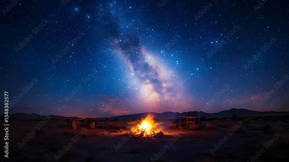 Campfire Under Milky Way In Desert Landscape Campfire Under Milky Way In Desert Landscape