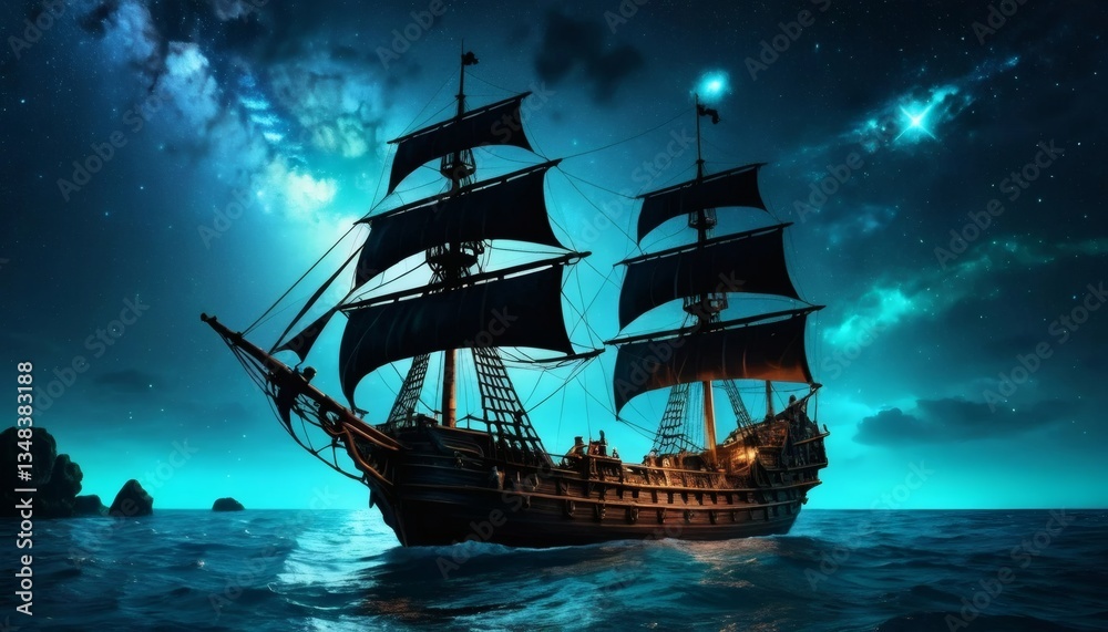 Fototapeta premium Mysterious Ghost Ship Sailing Under a Moonlit Night Sky