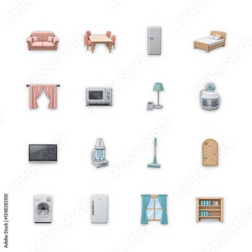Home Furniture and Appliances Icons Set: Sofa, Dining Table, Fridge, Bed, Curtains, Microwave, TV, Washing Machine, and More. Vector Illustration