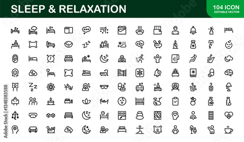 Modern Sleep and Relaxation Icon Set Vector Illustration. Featuring Essential Symbols for Rest, Calm, and Comfort