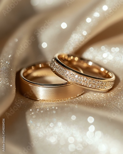 Diamond-Studded Gold Engagement Ring. Gold Wedding Ring, Gold Couple Ring, Elegant Gold Engagement Ring for Lovers. Elegant wedding rings on shimmering fabric.