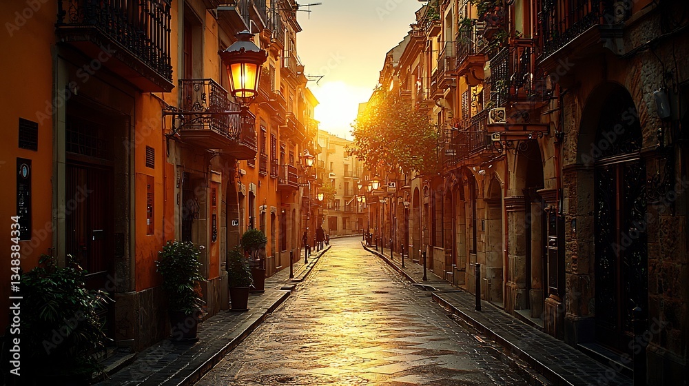 Fototapeta premium Quiet streets of Pamplona early in the morning with its historical buildings and winding roads captured with a prime lens