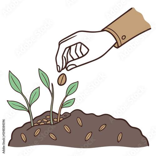 Planting seeds illustration, eco-friendly vector clipart for gardening, farming, and sustainability