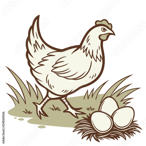 Hen and Nest Illustration for Poultry Farming, Organic Eggs, and Agriculture


