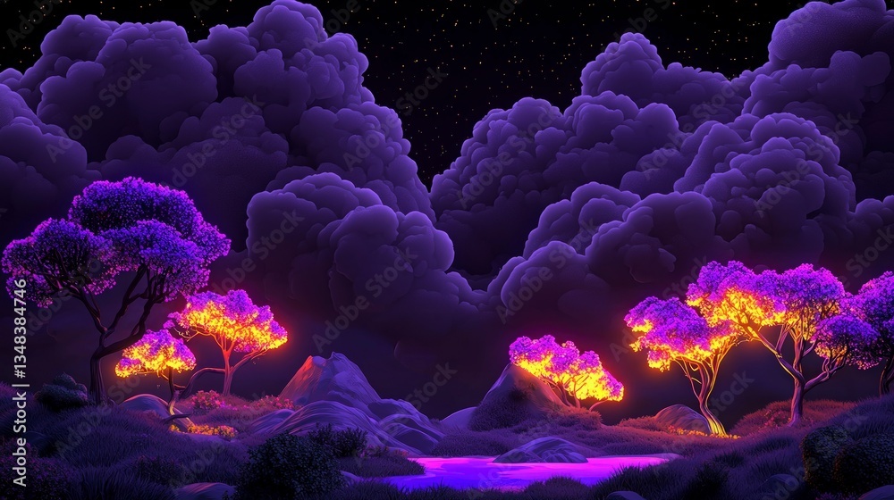 Obraz premium Glowing Trees Night Landscape Fantasy Art Purple Clouds Bokeh HDR Ultra HD
