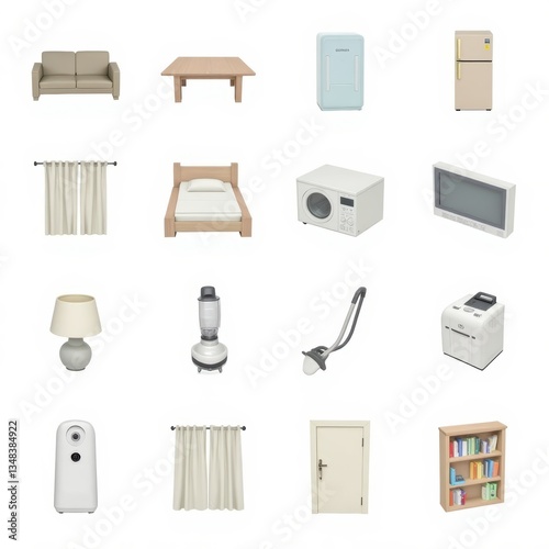 Furniture Collection: Sofa, Table, Bed, Appliances, and Household Items. Interior Decoration Elements. Room Design Clipart. 