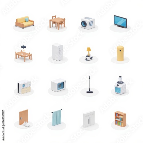 Isometric Furniture & Home Appliance Vector Set: Sofa, Table, TV, Fridge, Washing Machine. Icons for Interior Design & Household. 