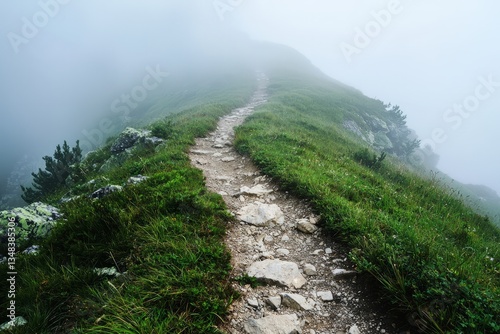 Climbing a mountain trail, the path winding upward through misty air. Each step is a quiet promise of growth and resilience