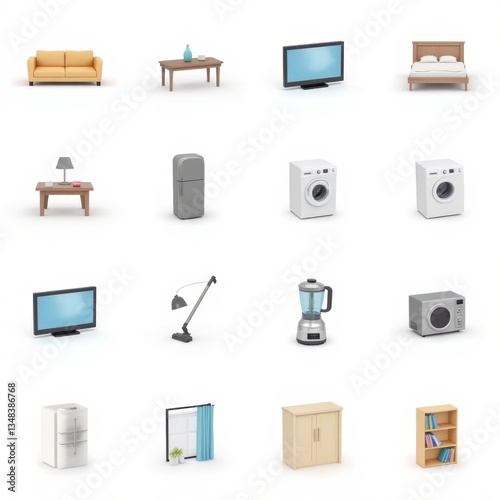 Isometric Furniture Set: Sofa, Bed, TV, Appliances, and Storage - 3D Rendering