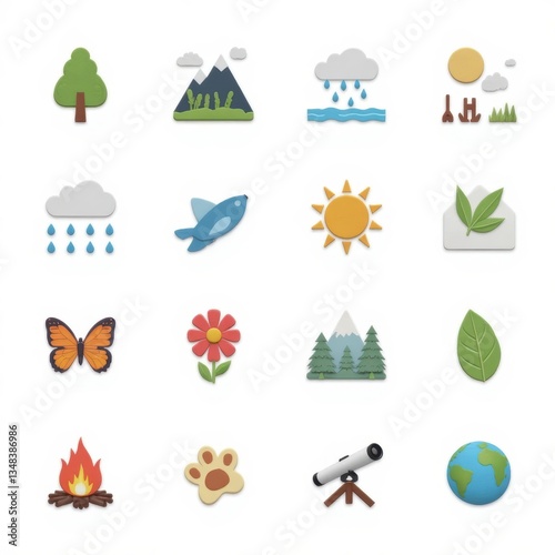 Nature Icons Set: Tree, Mountains, Rain, Sun, Bird, Flower, Butterfly, Campfire, Earth. Vector Illustration Pack for Eco Design, Travel, Outdoors. 