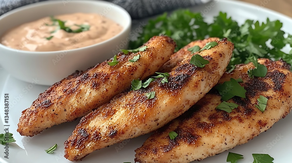 Grilled Chicken Tenders with Creamy Dipping Sauce Garnished with Fresh Parsley Grilled Chicken Tenders with Creamy Dipping Sauce Garnished with Fresh Parsley