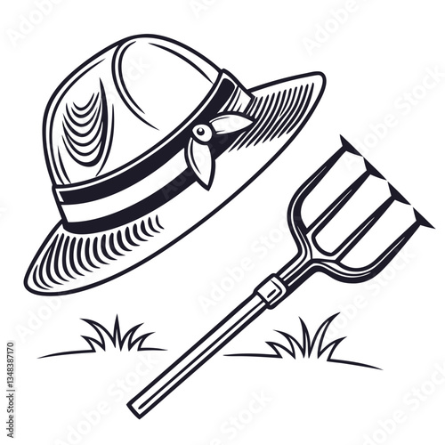 Farmer’s Hat and Pitchfork Illustration for Agricultural Branding and Rustic Designs

