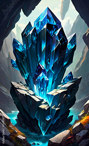 Crystal geological rock piece top view, AI generated painting. Luminous Blue Crystal Formation in a Mystical Cave. The image depicts a cluster of large, vibrant blue crystals emerging from a rocky