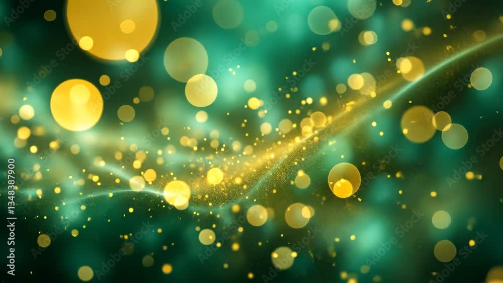 Abstract Golden Bokeh Light Particles On Emerald Green Background With Flowing Lines