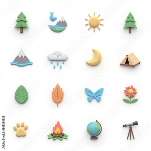 Nature Icons Set: Camping, Wildlife, Weather, and Adventure Elements. 3D Render.