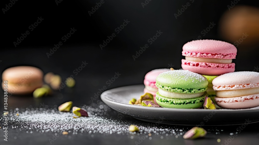 Fototapeta premium Colorful macarons stacked on plate, dark background