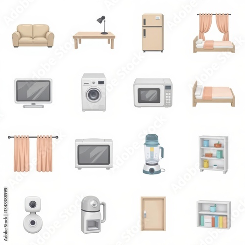 Home appliance and furniture icons set, containing sofa, refrigerator, bed, tv, washing machine, microwave, blender and other essential.