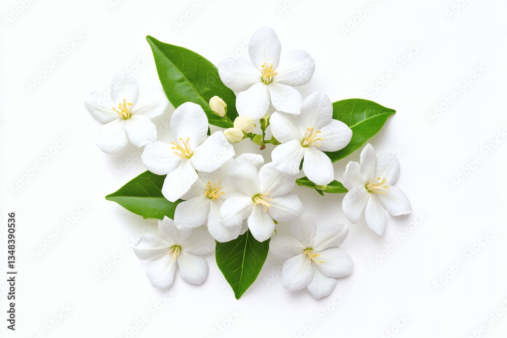 Obraz premium Delicate White Flowers with Green Leaves in Flat Lay Arrangement on White Background for Fresh Floral Botanical Spring Theme
