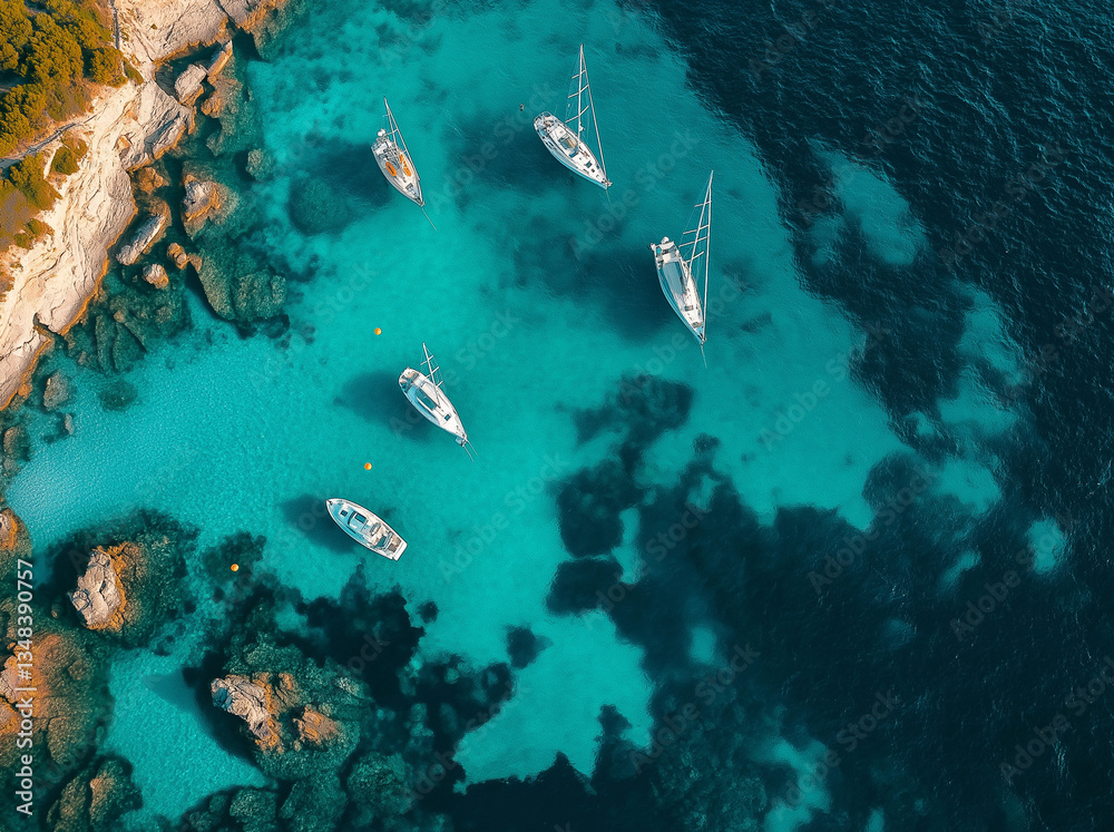 Fototapeta premium Cinematic Aerial View of Sailboats on Turquoise Ocean – Stunning ARRI Alexa Mini Footage with Zeiss Ultra Prime & Anamorphic Lens Flare