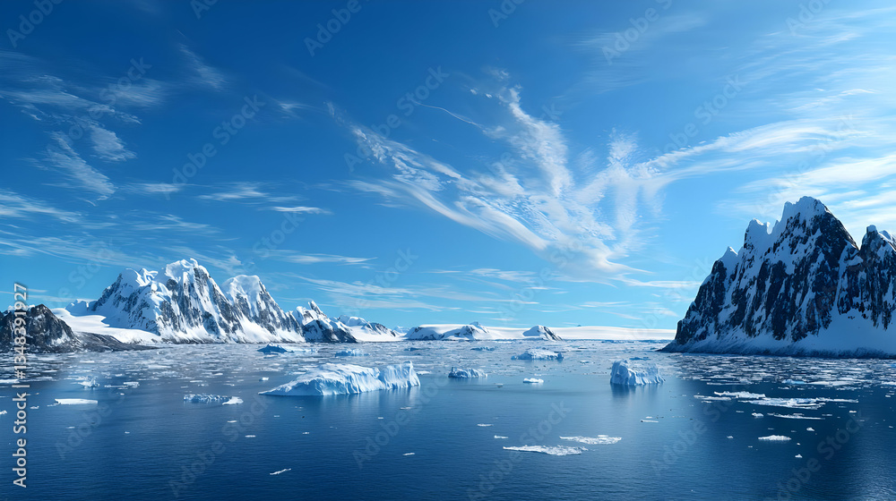 Vast Antarctic Landscape With Icebergs Under A Sunny Sky Vast Antarctic Landscape With Icebergs Under A Sunny Sky