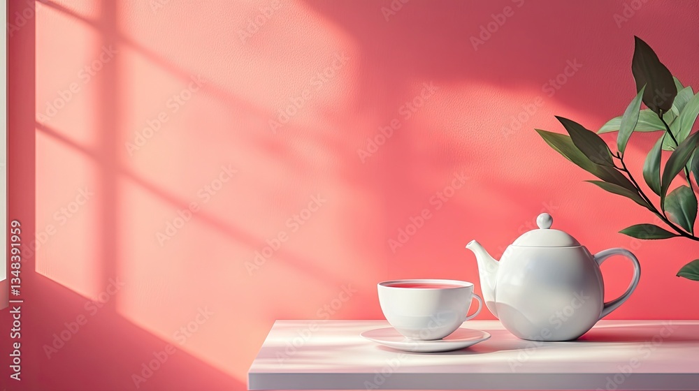 Fototapeta premium Tea Time Still Life with White Teapot Cup and Pink Background