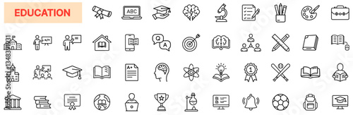 Education Icon Set – School, Learning, Teaching, Online Courses, Graduation, Books, Science, Mathematics, Knowledge, E-Learning