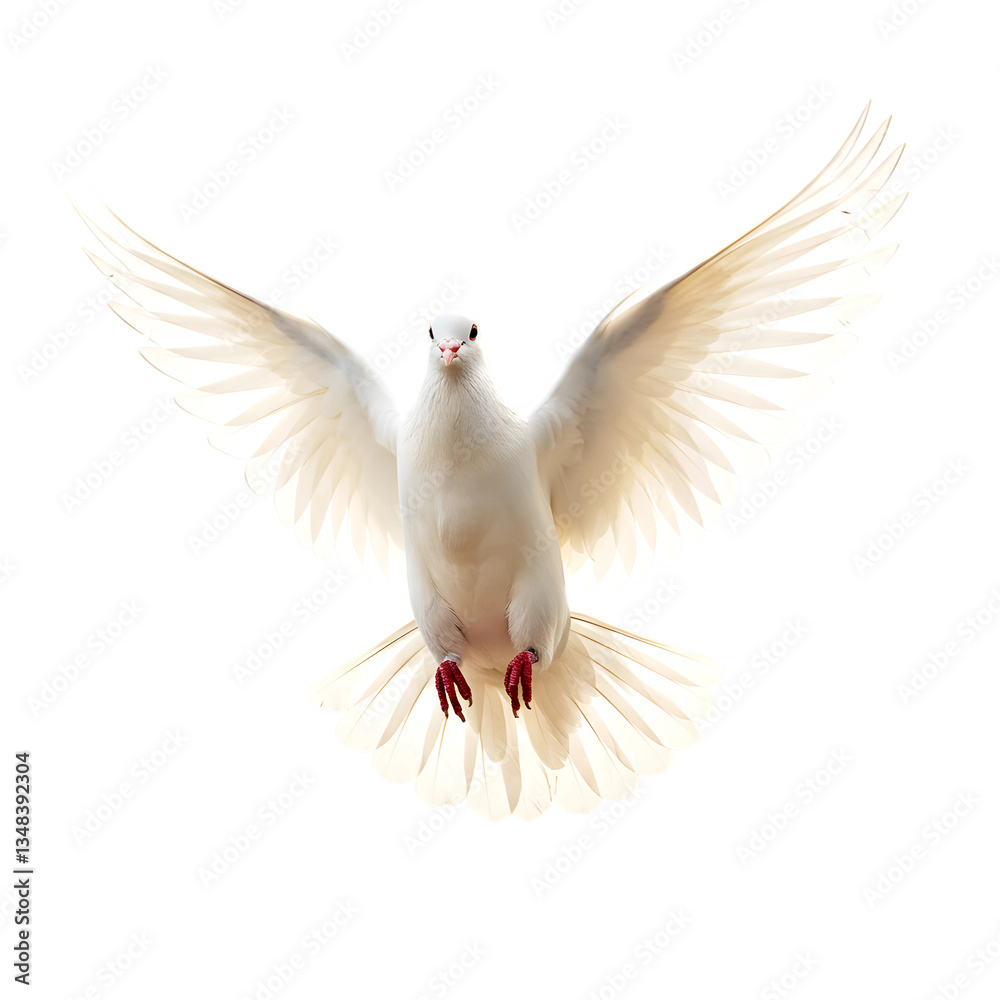 Obraz premium Flying Dove with Red Feet and Wide Wingspan on Transparent Background 