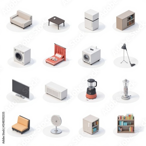 Isometric Furniture Set: Sofa, Table, Fridge, Washer, Bed, TV, Blender, Bookshelf, and More - Vector Illustration Pack