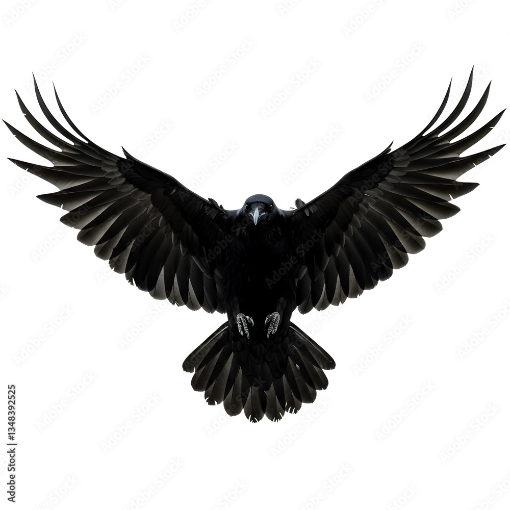 Naklejka premium Black Raven Flying with Outstretched Wings on Transparent Background 