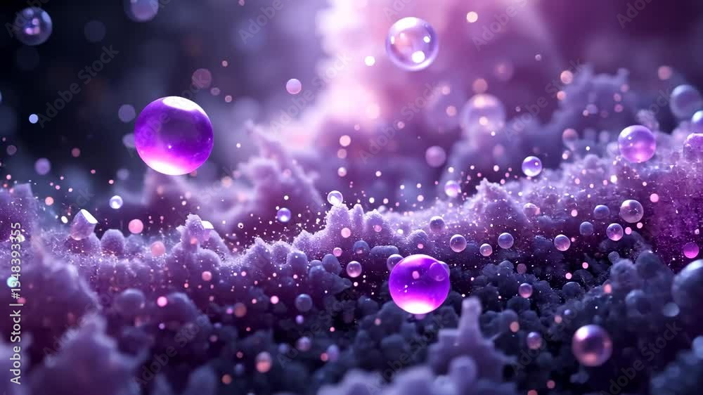 Purple Bubbles Floating Above Cloud Like Forms with Sparkles in a Dreamy Abstract Composition