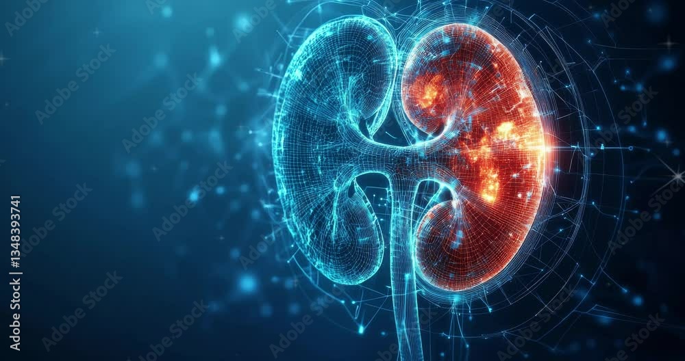 Human body with kidneys. Human kidneys anatomy structure. Kidney anatomy cross section. Kidney disease. Medical science. Human organ. Human kidney. Futuristic Medical Hologram. Medical anatomy      