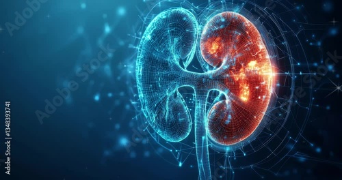 Human body with kidneys. Human kidneys anatomy structure. Kidney anatomy cross section. Kidney disease. Medical science. Human organ. Human kidney. Futuristic Medical Hologram. Medical anatomy      