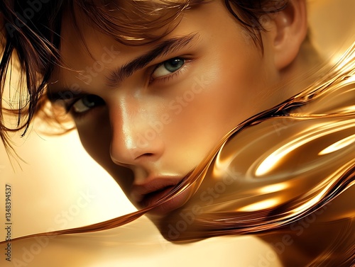 Close-up Portrait of a Young Man with Intense Eyes and Golden Light Effects