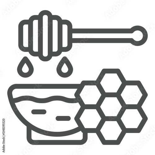 Bowl plate with honey and spoon line icon, natural sweets concept. Vector graphics. Sweet honey sign on white background, outline style icon for mobile or web design.
