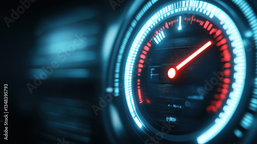 A close-up of a speedometer displaying high speed, featuring a sleek, modern design with illuminated indicators in a dark environment.