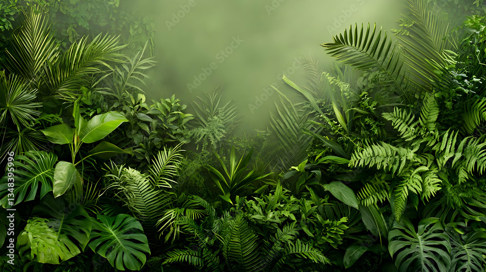 Dense Tropical Foliage In Misty Jungle Dense Tropical Foliage In Misty Jungle