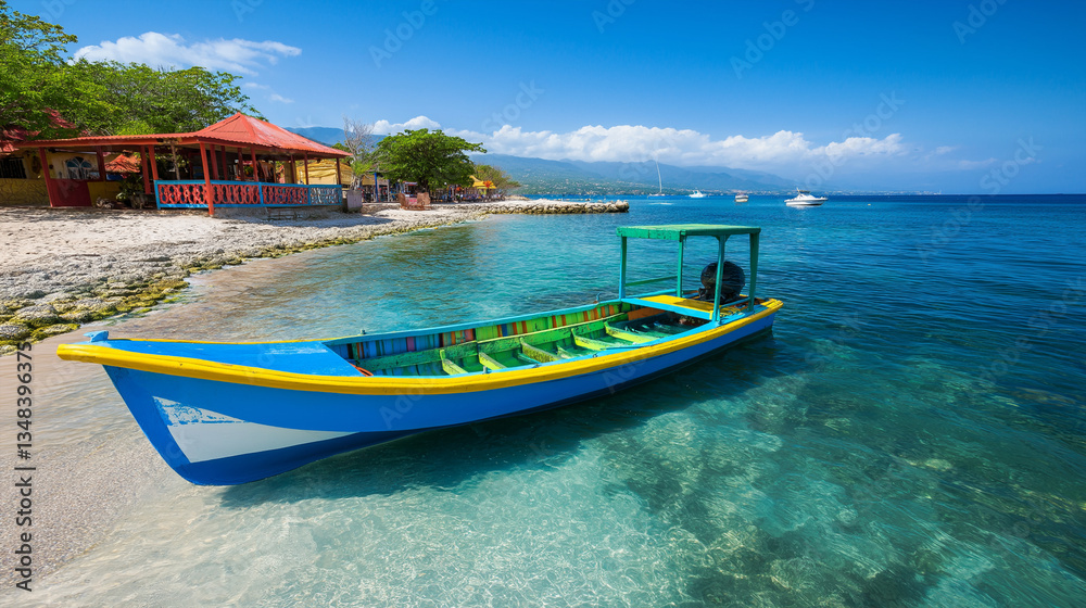 Traditional fishing boat floating in clear blue coastal waters.