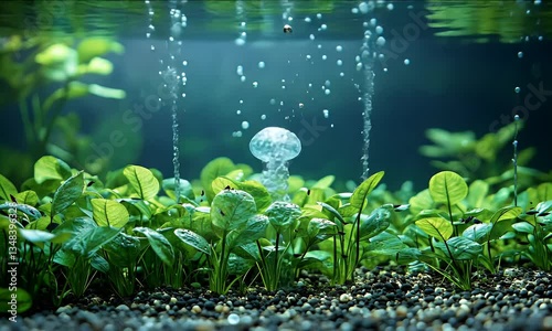 Bubbles Rising in Tranquil Aquarium with Green Plants Underwater