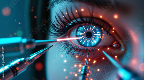 A highly detailed close-up of a human eye undergoing a futuristic cybernetic enhancement procedure. A laser beam and robotic tools perform high-tech modifications, emitting sparks and glowing digital 