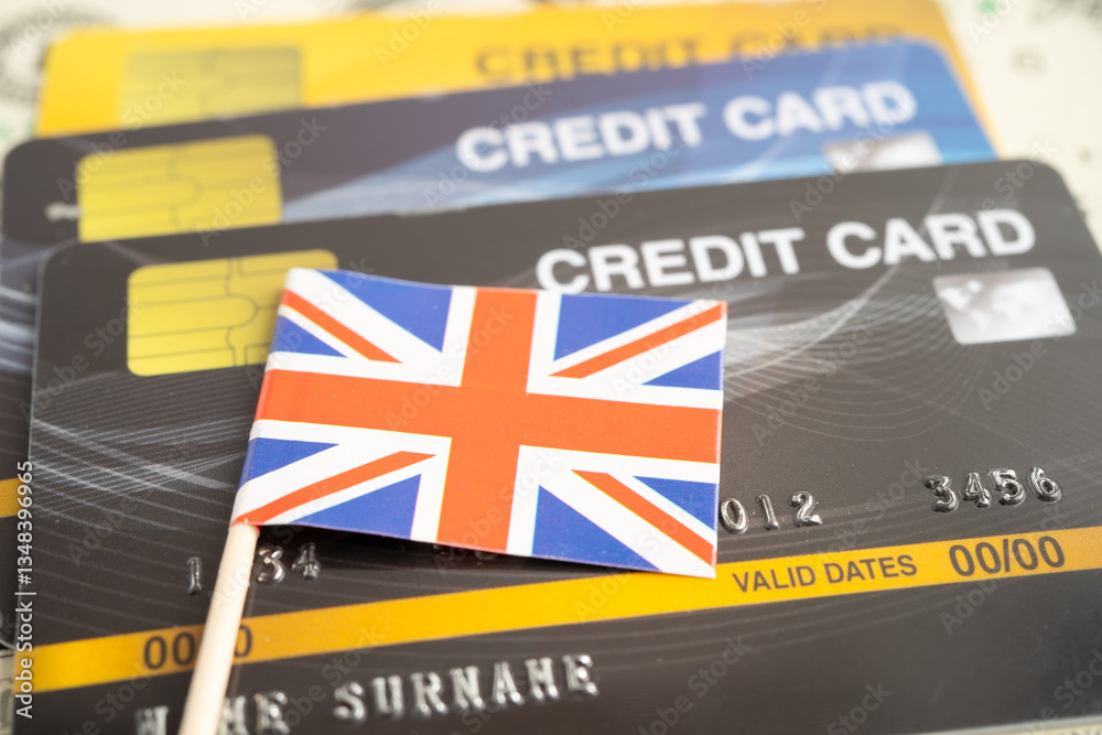 Credit card model with UK United Kingdom flag, financial investment economy business banking.